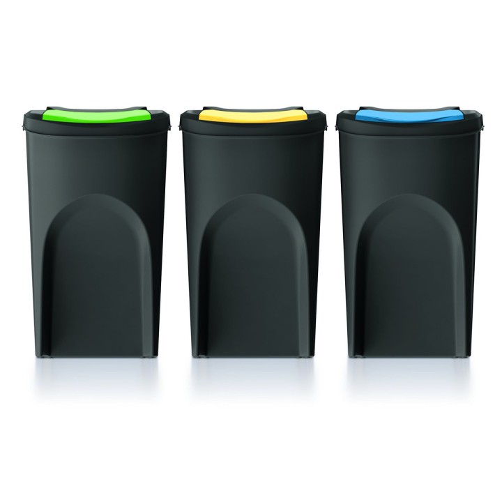 Stapelbare Mülltrennboxen aus Recycling-Kunststoff 3 × 35 L, schwarz – 392 × 293 × 620 mm