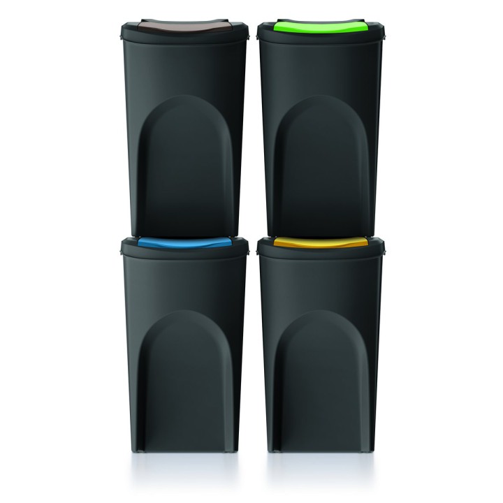 Stapelbare Mülltrennboxen aus Recycling-Kunststoff 4 × 35 L, schwarz – 392 × 293 × 680 mm