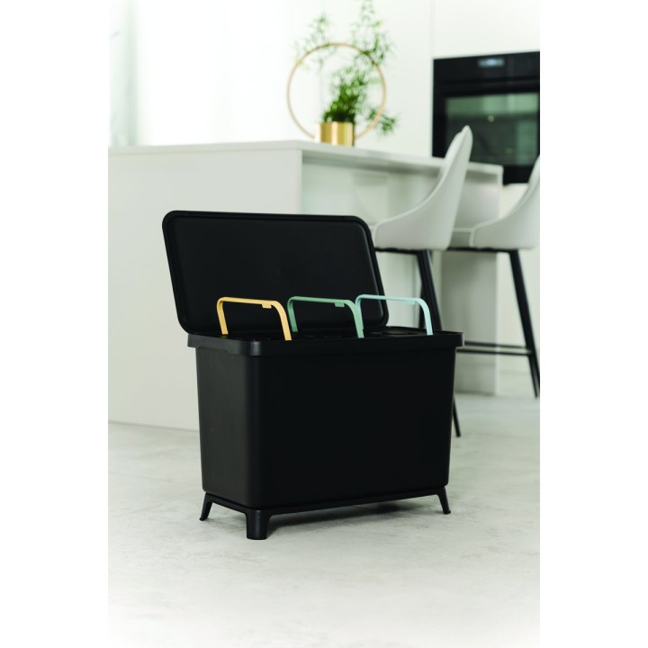 Mülltrennsystem mit Füßen 3 × 10 L, schwarz (Recycling-Kunststoff) – 570 × 295 × 410 mm