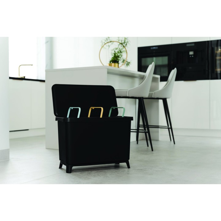 Mülltrennsystem mit Füßen 3 × 10 L, schwarz (Recycling-Kunststoff) – 570 × 295 × 410 mm
