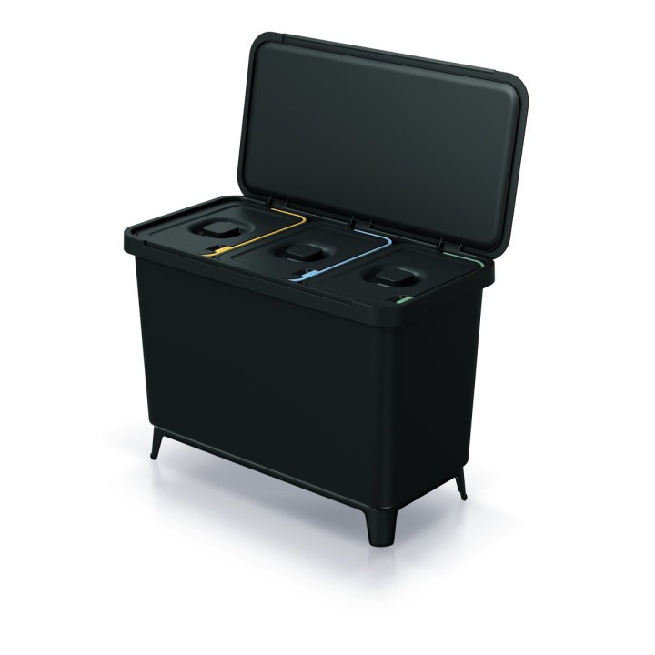 Mülltrennsystem mit Füßen 3 × 10 L, schwarz (Recycling-Kunststoff) – 570 × 295 × 410 mm