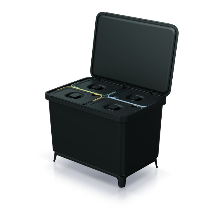 Mülltrennsystem mit Füßen 4 × 10 L, schwarz (Recycling-Kunststoff) – 565 × 390 × 410 mm