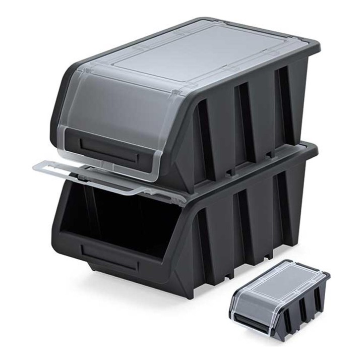 Stapelboxen 490 × 298 × 210 mm – offen oder mit Klappdeckel, für Werkstatt & Lager – mit Klappdeckel (Schwarz)